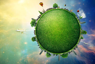 Green planet earth covered with grass city