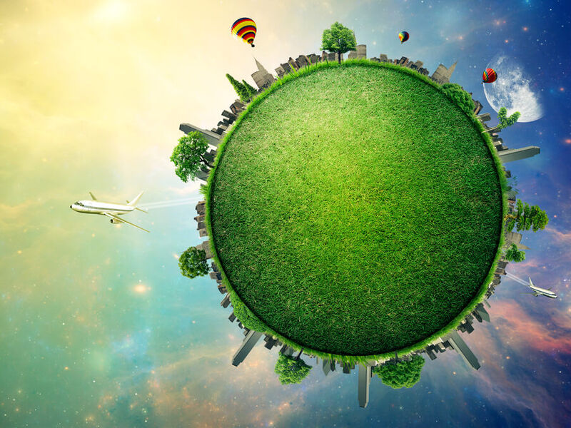 Green planet earth covered with grass city